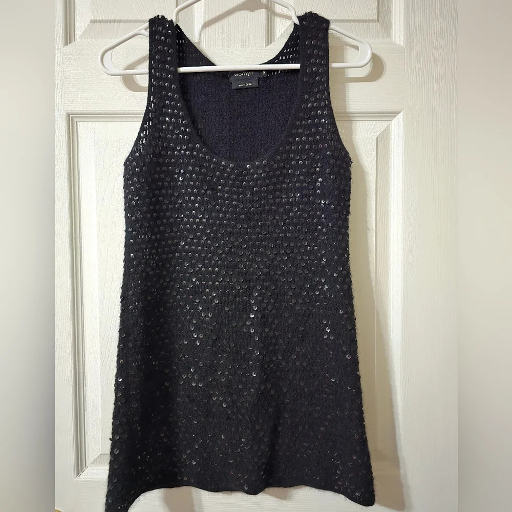 Womyn Lambs Wool & Angora Rabbit Hair Black Knit Sweater Tunic w/ Sequins, EUC!